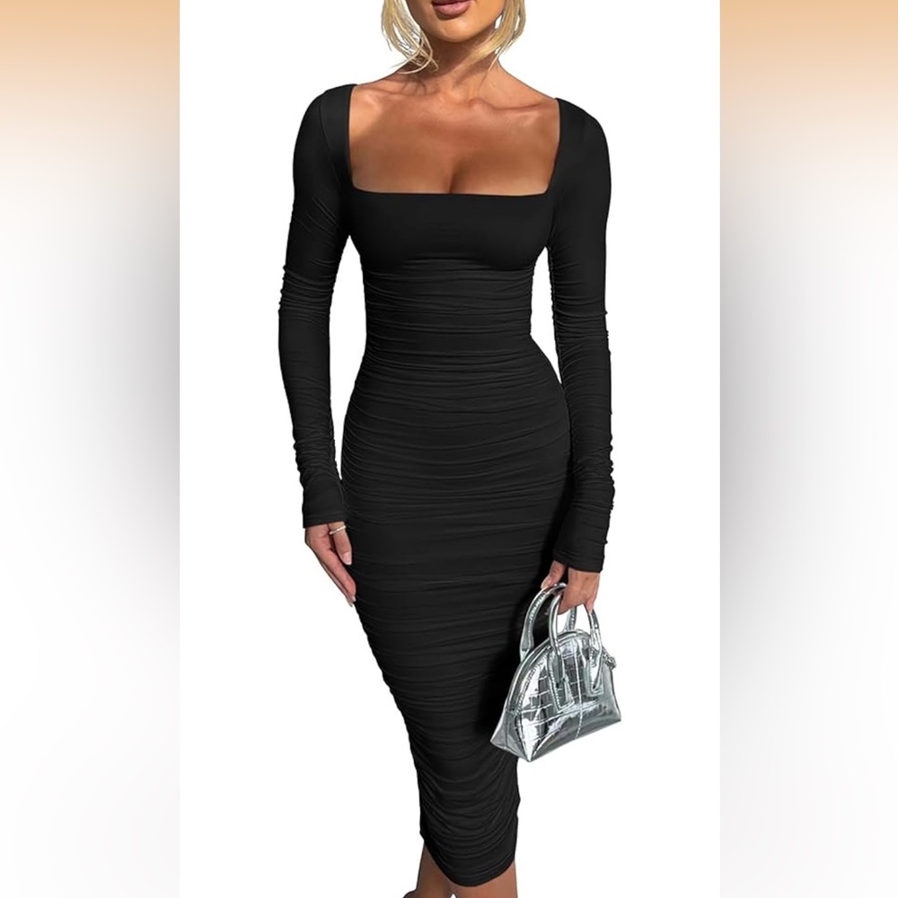 Elegant Black Long Sleeve Ruched Bodycon Dress